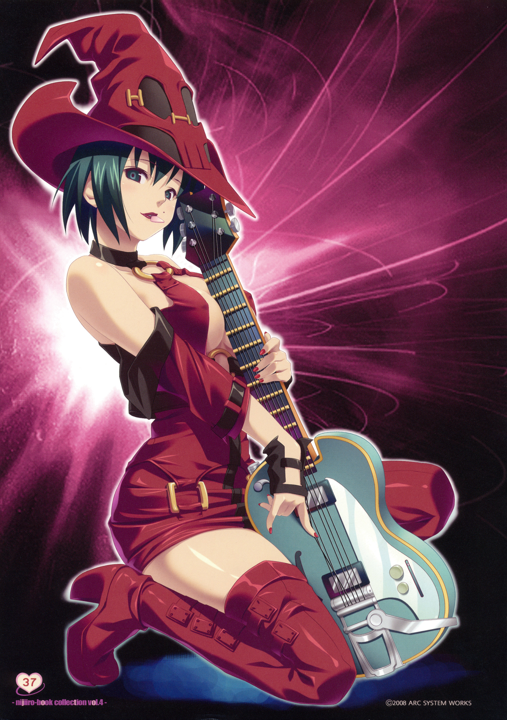 koutaro, i-no, arc system works, guilty gear, absurdres, highres, 1girl, bare shoulders, black eyes, black hair, boots, breasts, cleavage, female focus, guitar, hat, instrument, large breasts, mole, mouth hold, plectrum, red boots, red hat, short hair, solo, thigh boots, thighhighs, underboob, witch hat, zettai ryouiki
