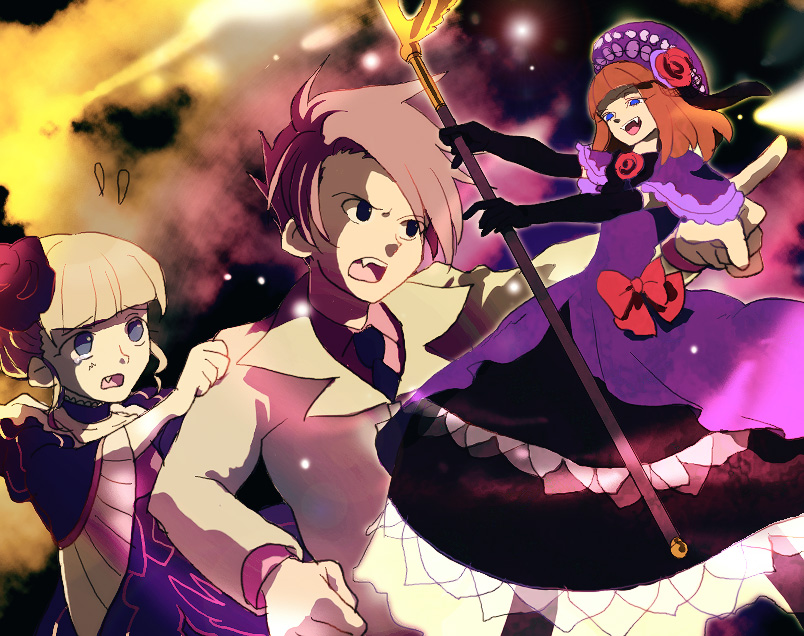 beatrice (umineko), eva beatrice, ushiromiya battler, umineko no naku koro ni, 00s, 1boy, 2girls, angry, black eyes, blonde hair, blue eyes, bow, brown hair, dress, formal clothes, hat, multiple girls, necktie, pointing, purple dress, ribbon, short hair, staff, suit