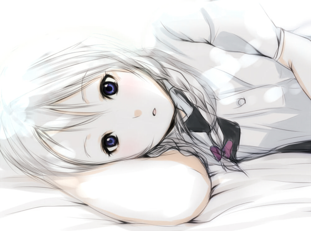 fujisaki hikari, izayoi sakuya, touhou, 1girl, arm pillow, bed, blue eyes, braid, eyelashes, female focus, lying, on side, sketch, solo, twin braids, white hair