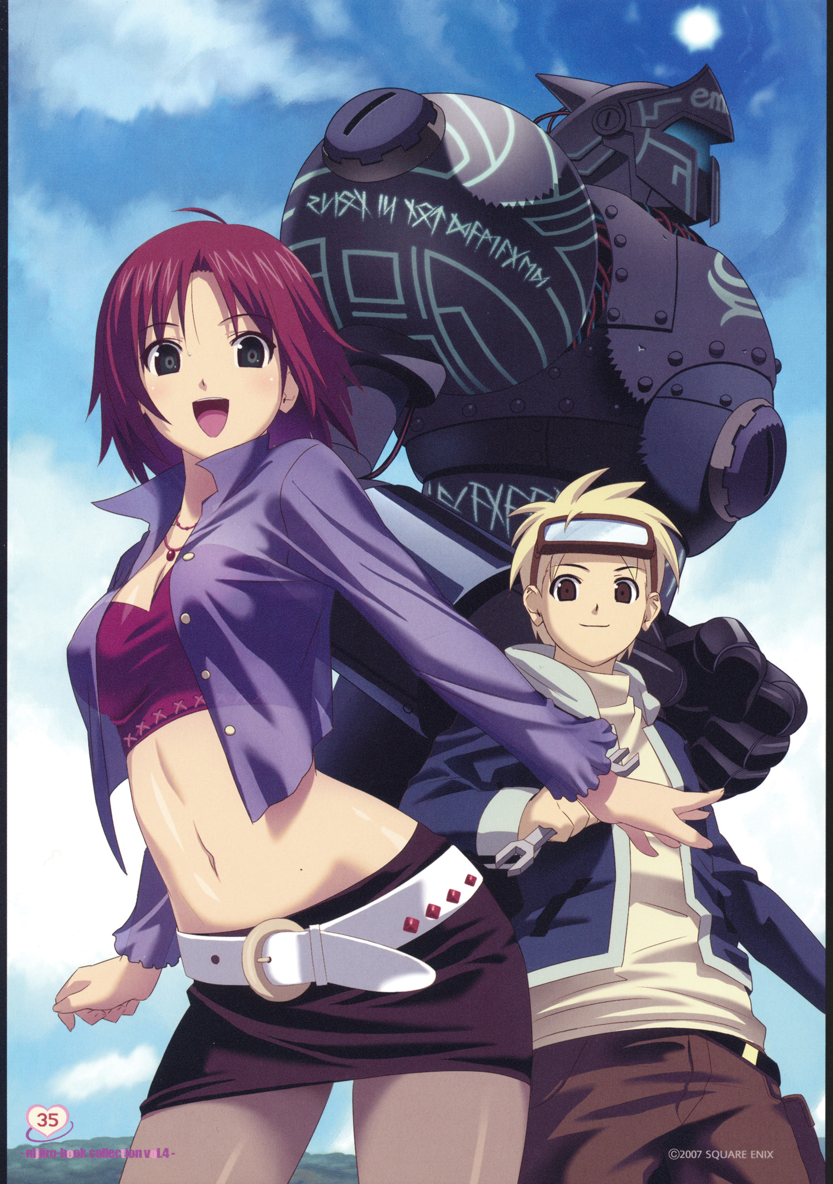 koutaro, absurdres, highres, 1boy, 1girl, belt, black eyes, blonde hair, brown eyes, day, midriff, miniskirt, navel, open clothes, open shirt, pantyhose, pencil skirt, red hair, robot, shirt, short hair, skirt, sky, smile