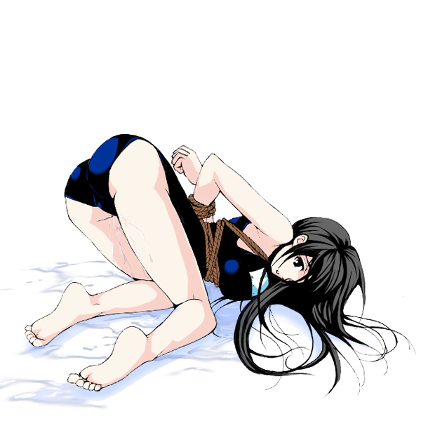 rashomon, original, 1girl, arms behind back, barefoot, bdsm, black hair, bondage, bound, feet, female focus, long hair, one-piece swimsuit, rope, school swimsuit, solo, swimsuit, top-down bottom-up
