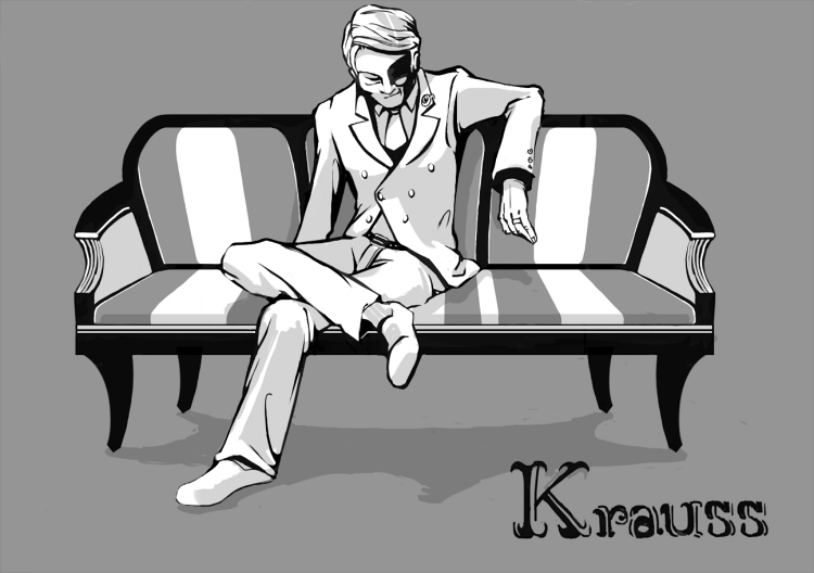 ushiromiya krauss, umineko no naku koro ni, 00s, 1boy, character name, closed eyes, couch, crossed legs, figure four sitting, formal clothes, grey background, greyscale, male focus, monochrome, necktie, pants, sitting, solo, suit