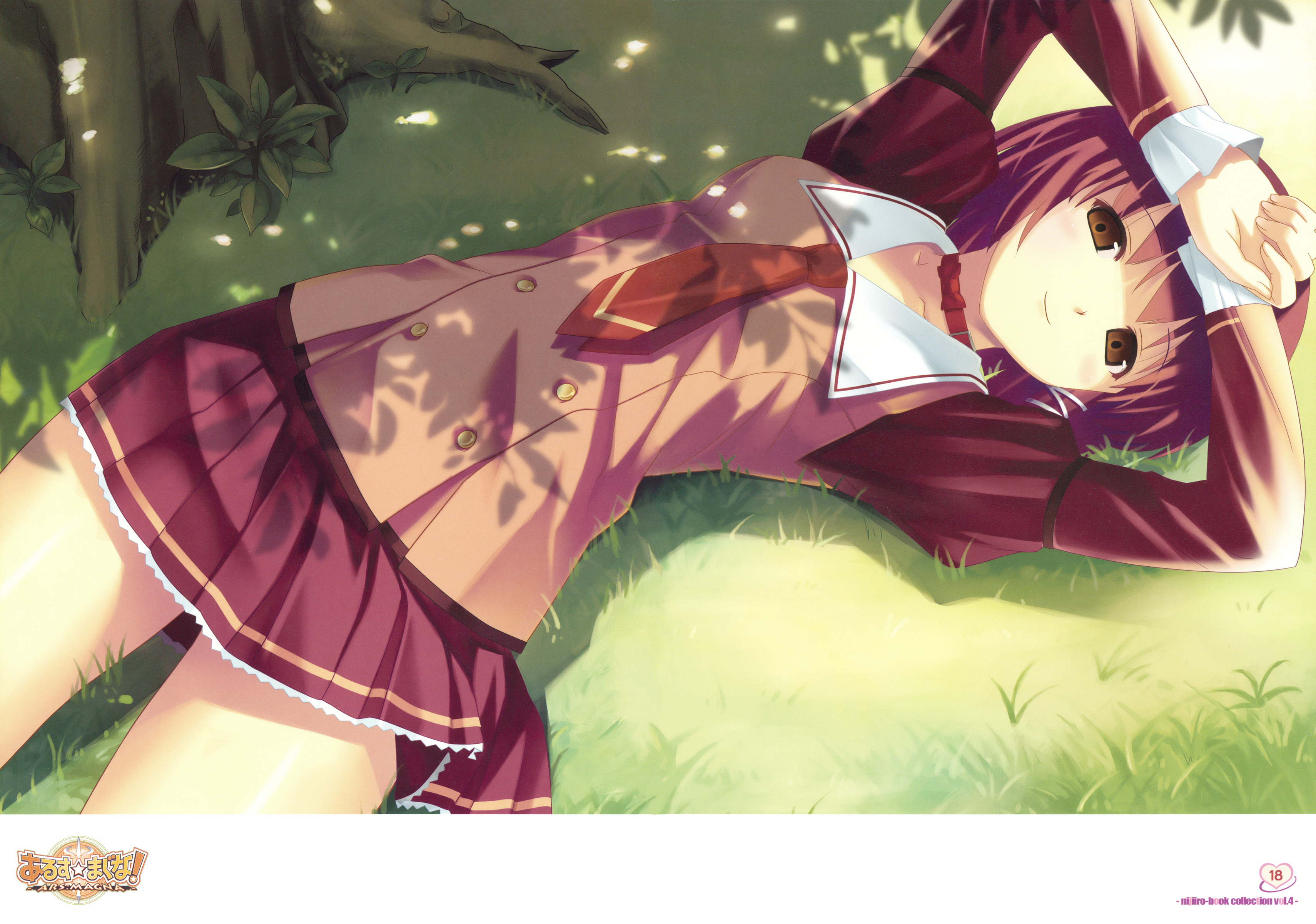 koutaro, mizusawa noel, ars magna, original, absurdres, highres, 1girl, brown eyes, choker, female focus, grass, lying, nature, necktie, on back, outdoors, red hair, school uniform, short hair, skirt, smile, solo, tree, yellow eyes