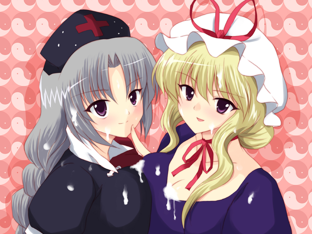 marugoshi (54burger), yagokoro eirin, yakumo yukari, touhou, silver hair, bad id, bad pixiv id, 2girls, blonde hair, cum, hat, multiple girls, purple eyes, ribbon