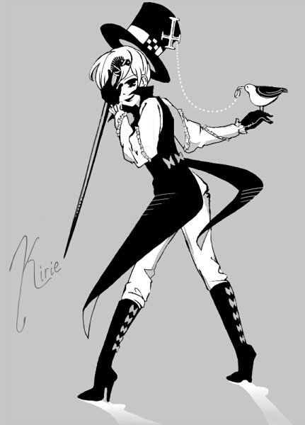 ushiromiya kyrie, umineko no naku koro ni, 00s, 1girl, androgynous, bird, bird on hand, boots, cane, character name, female focus, greyscale, hat, monochrome, monocle, monocle chain, reverse trap, solo, top hat