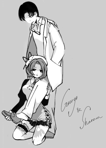shannon (umineko), ushiromiya george, umineko no naku koro ni, 00s, 1boy, 1girl, greyscale, maid, monochrome