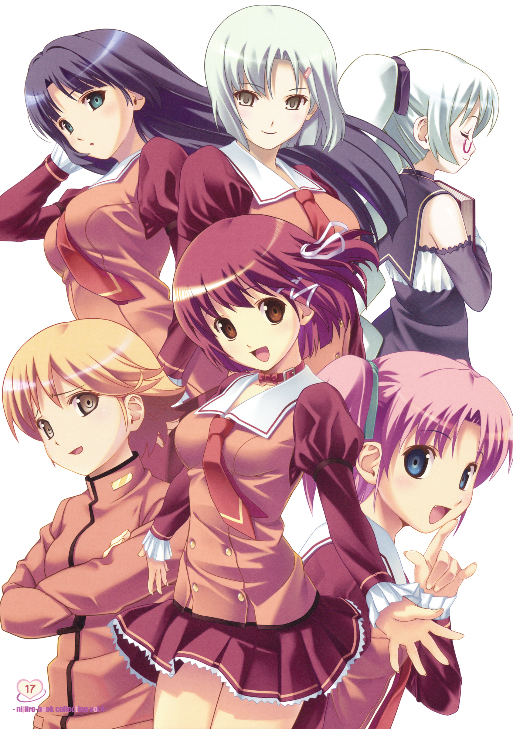 koutaro, arai ruka, enjouji alex yukihiro, ichijou anzu, kurono miko, minezaki sakura, mizusawa noel, ars magna, absurdres, highres, scan, 6+girls, black hair, blonde hair, blue eyes, book, brown eyes, closed eyes, collar, crossed arms, everyone, fang, finger to mouth, glasses, green eyes, grey eyes, hair ornament, hair ribbon, hairclip, long hair, multiple girls, necktie, outstretched arms, pink hair, red hair, ribbon, school uniform, short hair, skirt, smile, spread arms, twintails, white hair