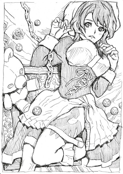 shannon (umineko), umineko no naku koro ni, 00s, 1girl, beret, blush, bow, breasts, chain, coin, dress, female focus, flower, frills, greyscale, hat, large breasts, looking at viewer, lying, maid, monochrome, on back, open mouth, parted lips, ribbon, rose, short hair, solo, stuffed animal, stuffed toy, tattoo, teddy bear, thighs