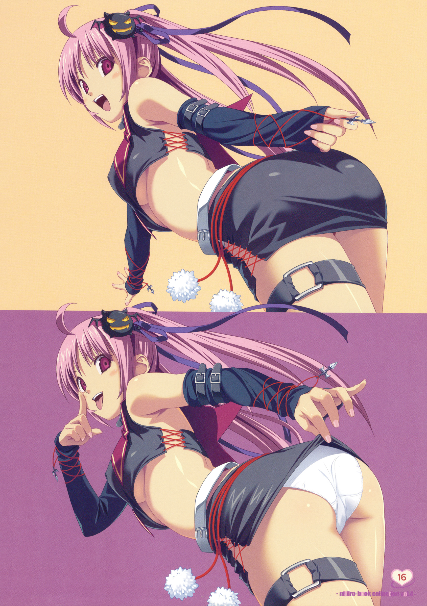 koutaro, original, absurdres, highres, 1girl, ahoge, breasts, clothes lift, collar, detached sleeves, hair ornament, long hair, midriff, miniskirt, nail polish, panties, pencil skirt, pink eyes, pink hair, skirt, skirt lift, smile, twintails, underboob, underwear, upskirt