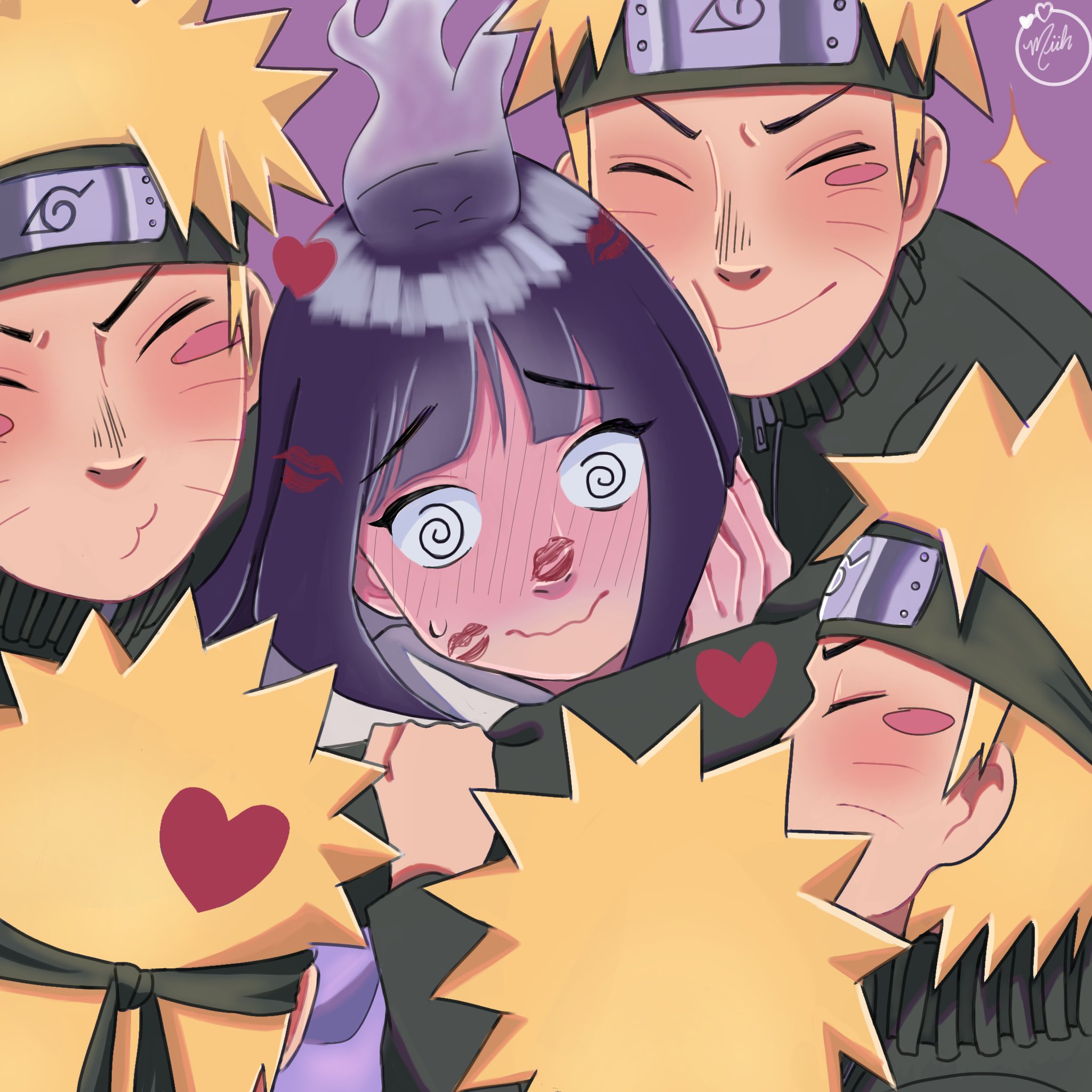 hyuuga hinata, uzumaki naruto, boruto: naruto next generations, naruto (series), naruto shippuuden, highres, 1girl, 5boys, @ @, black hair, blonde hair, blush, clone, clone harem, facial mark, full-face blush, hug, in-franchise crossover, lipstick mark, male harem, milleraxan, multiple boys, purple background, short hair, signature, simple background, solo focus, steam, whisker markings