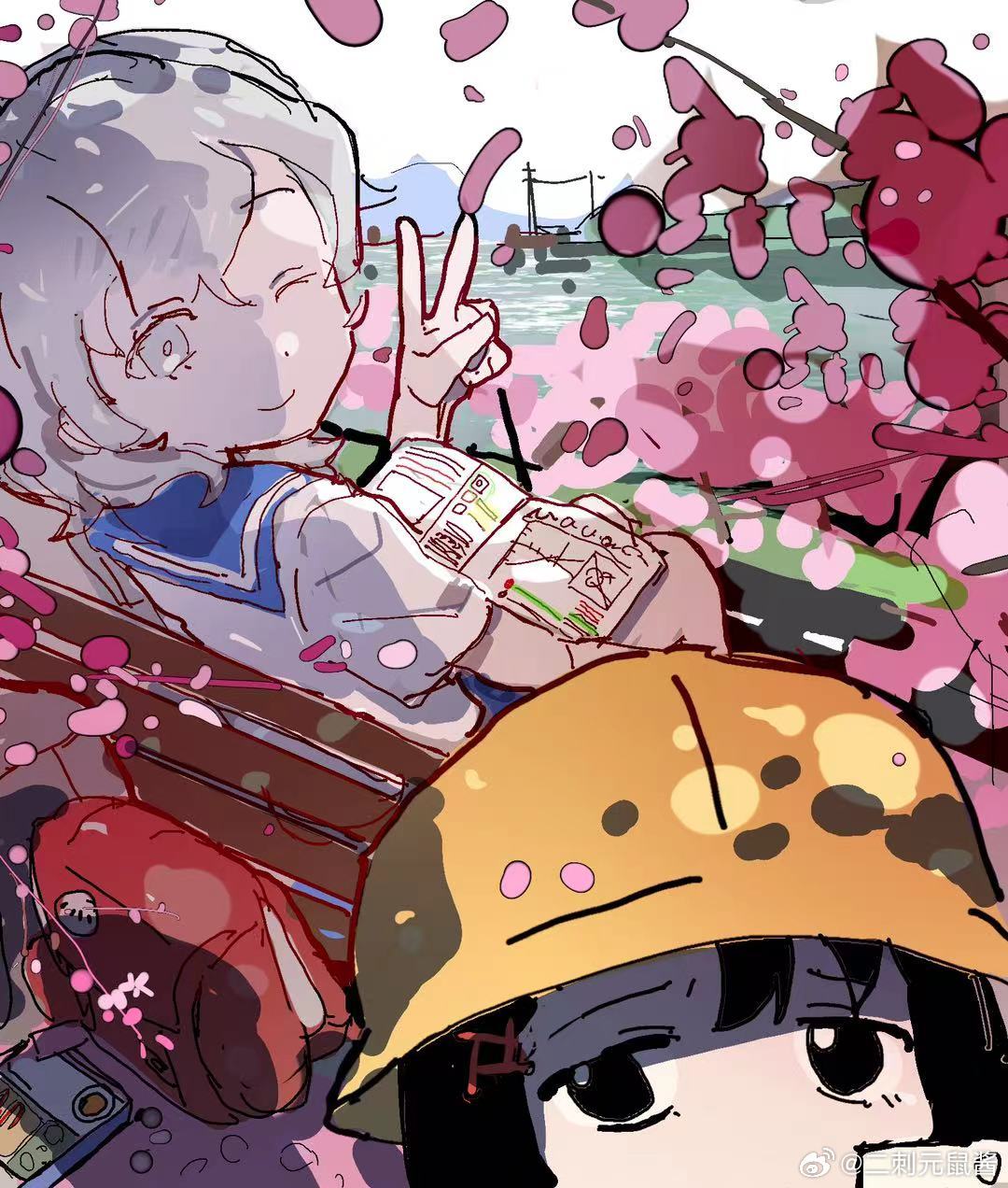 corallo, haru (len'en), len'en, highres, 2girls, alternate costume, backpack, bag, bare arms, bento, black eyes, black hair, black leotard, blue sailor collar, blue skirt, cherry blossoms, children's day, closed mouth, day, eyelashes, falling petals, full body, graph, grey eyes, grey hair, hair between eyes, hair ornament, hairclip, hat, lake, leotard, medium hair, miniskirt, mountainous horizon, multiple girls, on bench, one eye closed, onsen, outdoors, petals, portrait, power lines, reading, red bag, sailor collar, school uniform, serafuku, shirt, shitodo hoojiro, short sleeves, sitting, skirt, sky, smile, torii, unworn bag, v, watermark, weibo watermark, white shirt, white sky, yellow hat