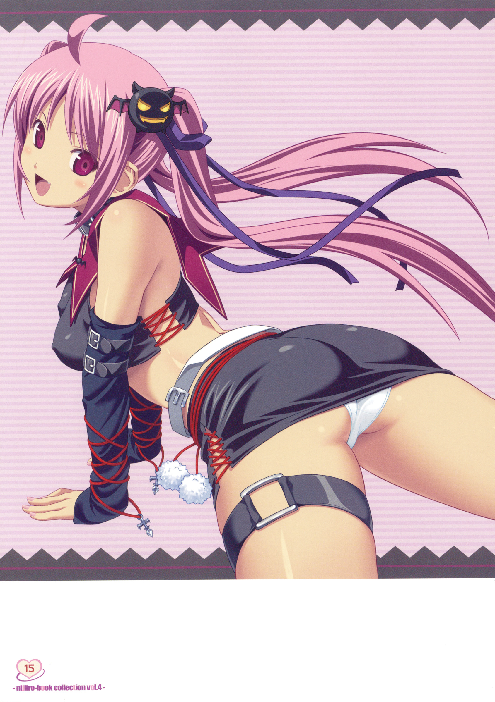 koutaro, original, absurdres, highres, 1girl, ahoge, collar, covered erect nipples, detached sleeves, fang, female focus, hair ornament, long hair, midriff, miniskirt, open mouth, page number, panties, pantyshot, pencil skirt, pink eyes, pink hair, skirt, smile, solo, twintails, underwear, upskirt