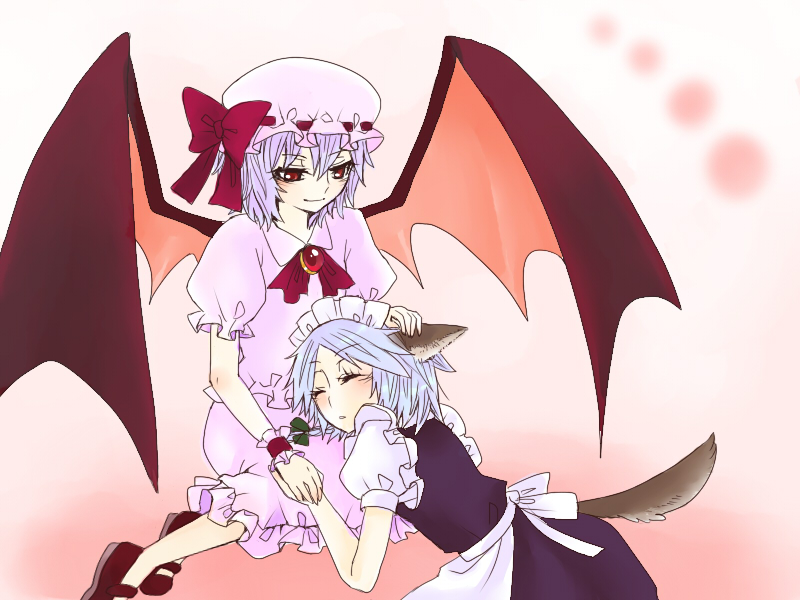 yumesuke, inu sakuya (nejikirio), izayoi sakuya, remilia scarlet, touhou, 2girls, animal ears, bat wings, blue hair, braid, dog ears, dog tail, dress, female focus, gradient background, hairband, hat, kemonomimi mode, lap pillow, maid, multiple girls, purple hair, red eyes, short hair, skirt, sleeping, tail, wings