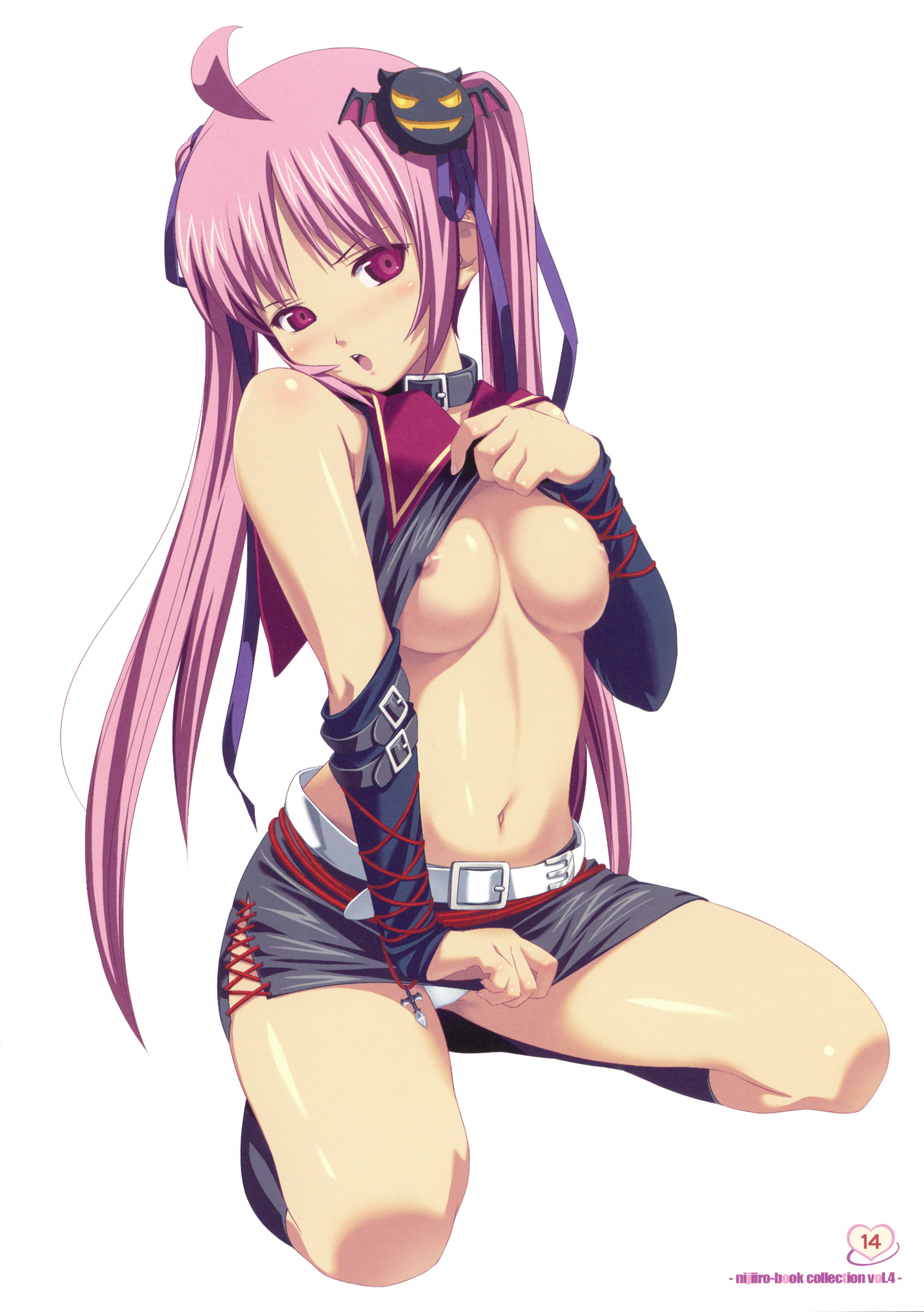 koutaro, original, absurdres, highres, 1girl, ahoge, belt, blush, breasts, clothes lift, clothes pull, collar, detached sleeves, female focus, hair ornament, large breasts, legs, long hair, midriff, miniskirt, navel, nipples, no bra, page number, panties, pantyshot, pencil skirt, pink eyes, pink hair, shirt lift, simple background, sitting, skirt, skirt pull, solo, twintails, underwear, white background