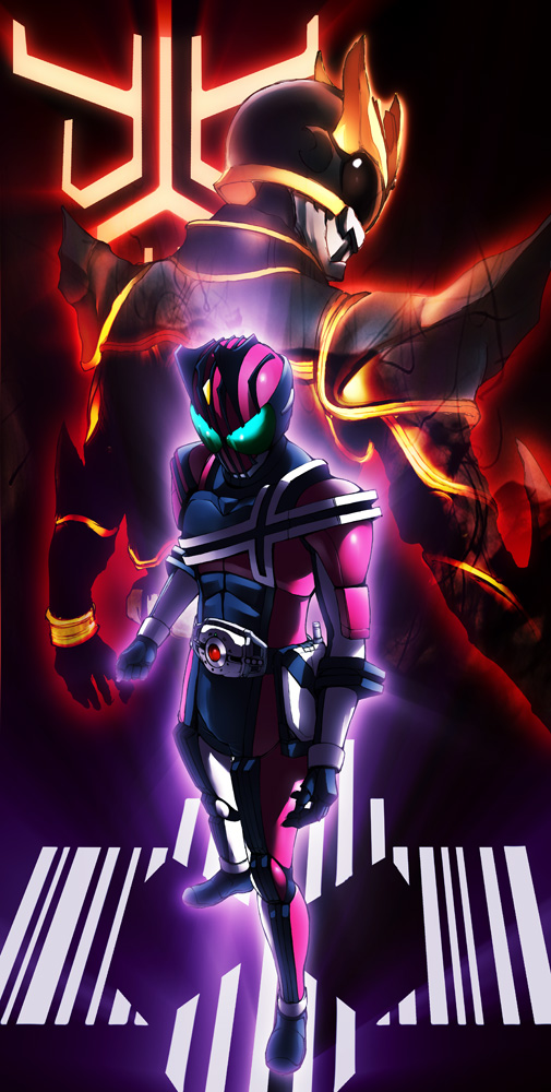 sanhon, kamen rider decade, kamen rider kuuga, kamen rider kuuga (ultimate form), kamen rider, kamen rider dcd, kamen rider kuuga (series), bad id, bad pixiv id, 2boys, armor, black eyes, glowing, green eyes, horns, multiple boys, spikes