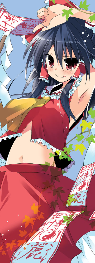 araki kanao, harinezumi, hakurei reimu, touhou, bad id, bad pixiv id, 1girl, armpits, black hair, female focus, midriff, ofuda, solo