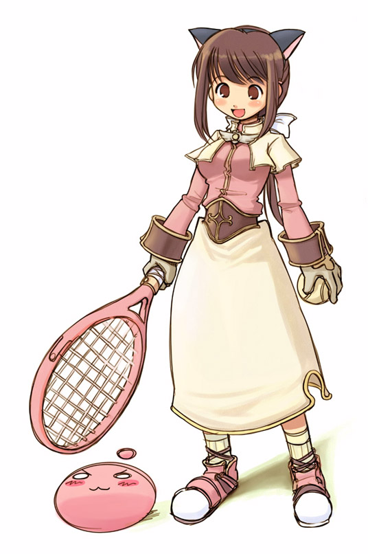 nakopapa, acolyte (ragnarok online), poring, ragnarok online, 1girl, :3, animal ears, ball, brown eyes, brown hair, cat ears, female focus, gloves, o o, racket, simple background, solo, tennis, tennis ball, tennis racket