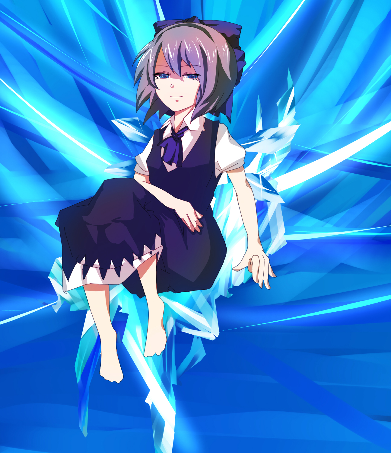 flimflam, cirno, embodiment of scarlet devil, touhou, bad id, bad pixiv id, highres, 1girl, barefoot, blue eyes, blue hair, dress, female focus, ice, matching hair/eyes, ribbon, short hair, smile, solo, wings