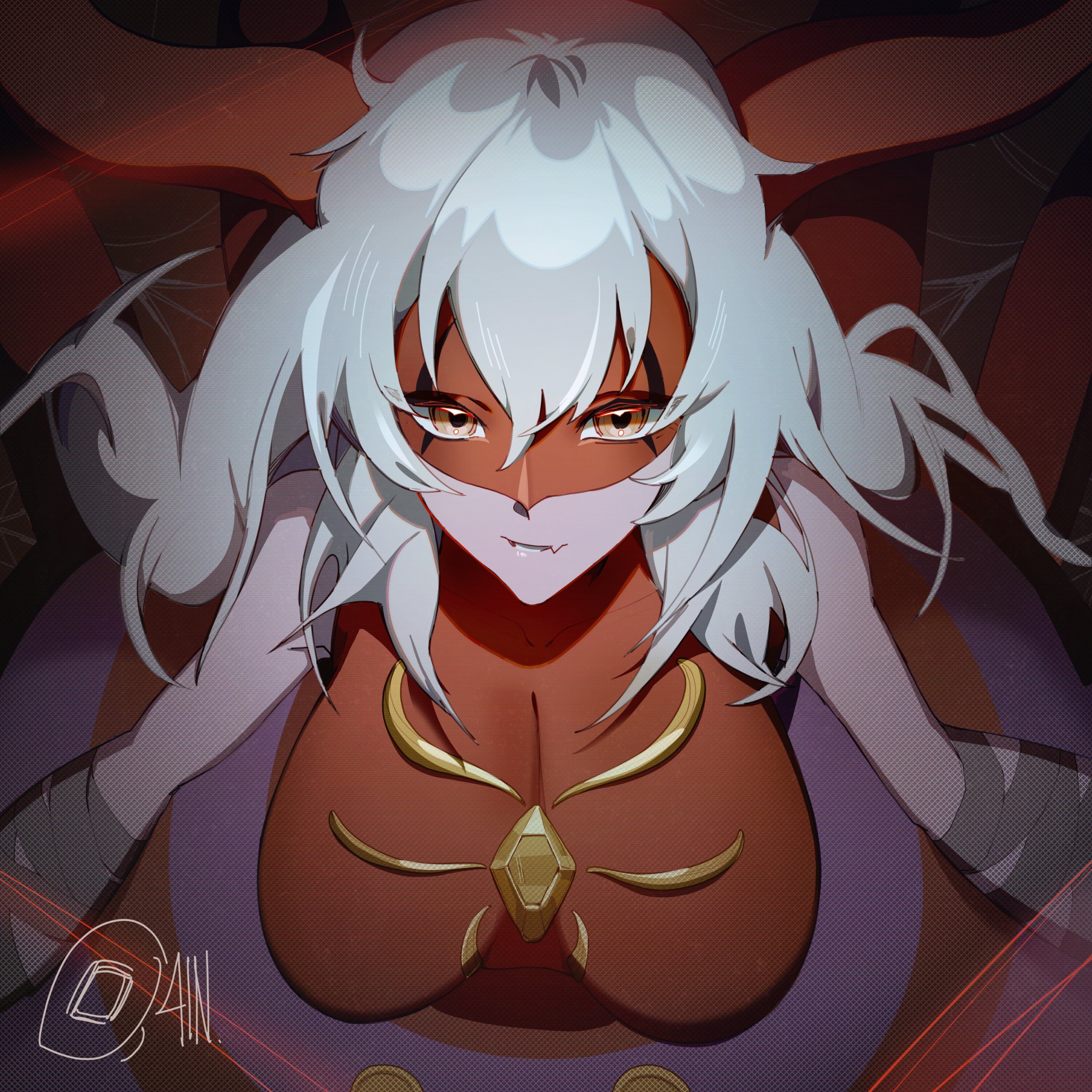 archnemon, digimon, absurdres, highres, 1girl, ain artisto, arachne, arthropod girl, bare shoulders, breasts, digimon (creature), eye mask, fang, grey hair, horns, insect girl, large breasts, long hair, mask, monster girl, purple skirt, red mask, red shirt, shirt, skin fang, skirt, solo, spider girl, taur, upper body
