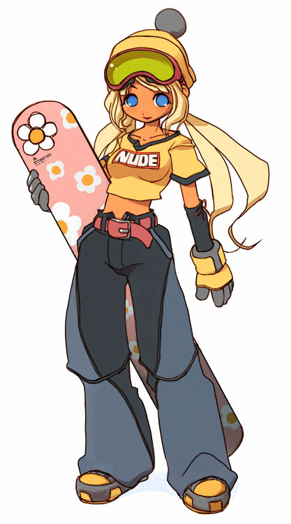 nakopapa, concept art, baggy pants, beanie, belt, blonde hair, blue eyes, dark-skinned female, dark skin, gloves, goggles, hat, low twintails, midriff, motif, pants, simple background, snowboard, solo, twintails