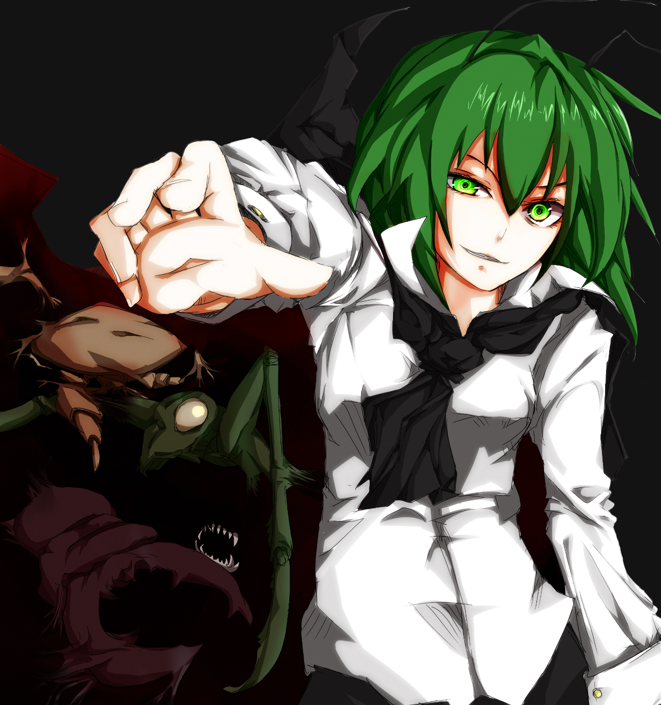 flimflam, wriggle nightbug, touhou, bad id, bad pixiv id, highres, 1girl, androgynous, antennae, bug, cape, fang, female focus, foreshortening, glowing, glowing eyes, green eyes, green hair, matching hair/eyes, reverse trap, solo