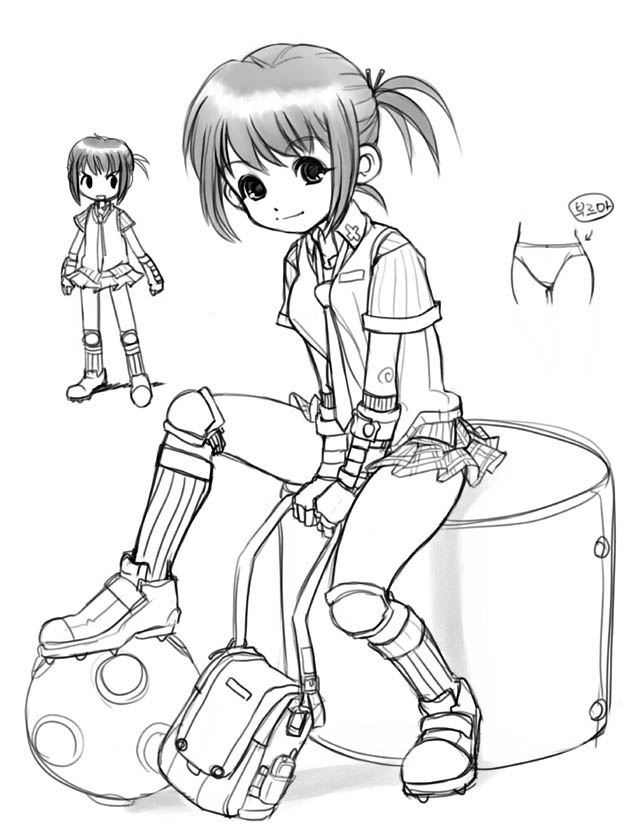 nakopapa, concept art, bag, greyscale, knee pads, monochrome, necktie, panties, short hair, skirt, underwear