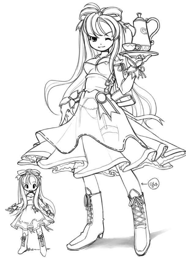 nakopapa, concept art, 1girl, boots, bow, breasts, dress, garter belt, greyscale, long hair, medium breasts, monochrome, one eye closed, panties, tea, teapot, thighhighs, underwear, waitress, wink