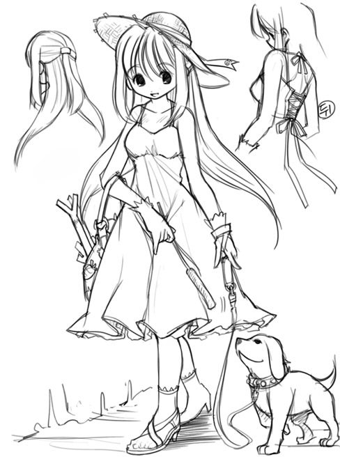 nakopapa, dog, dress, greyscale, hat, leash, long hair, monochrome, spring onion, sundress