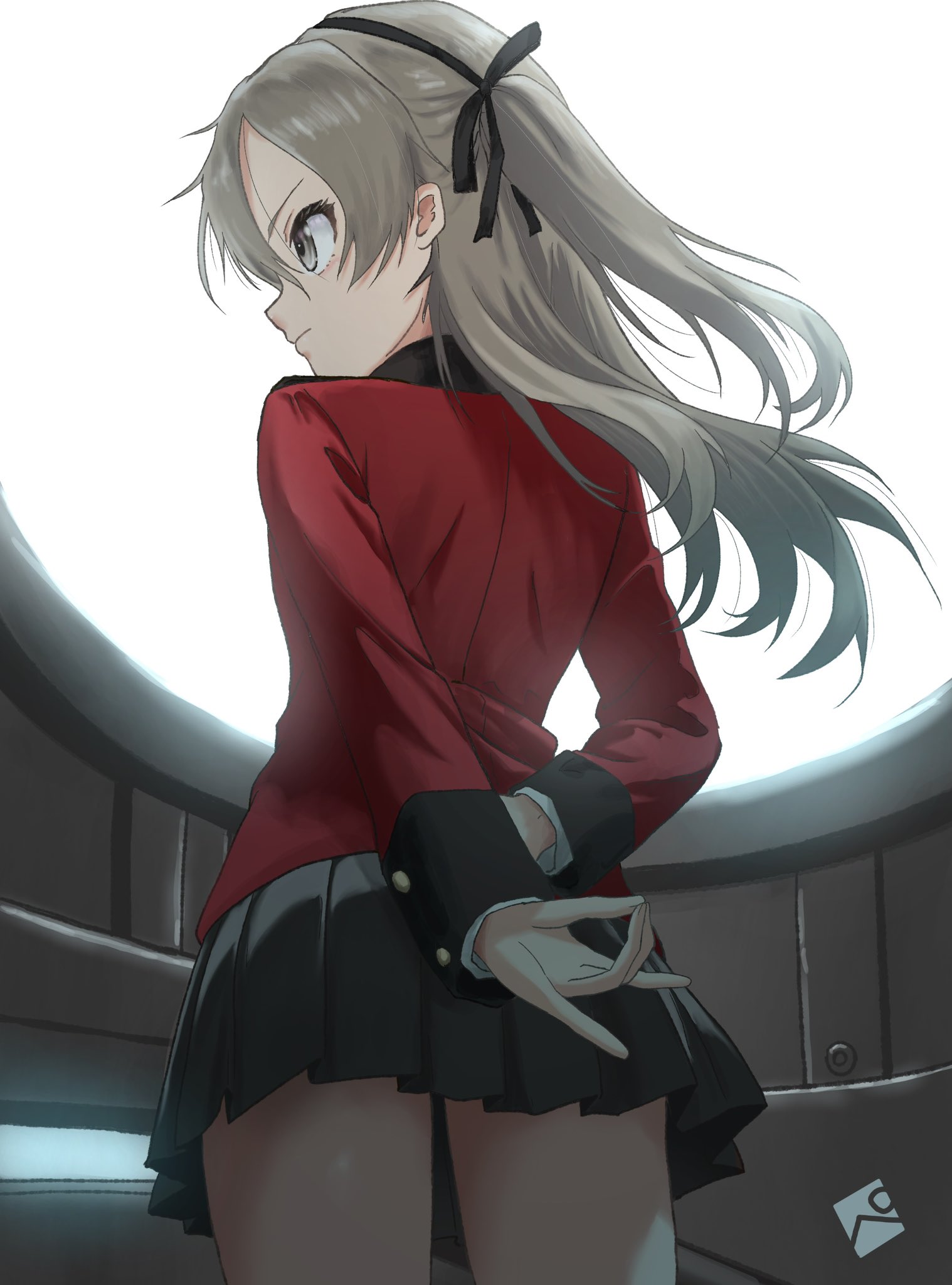 kainushi, shimada arisu, girls und panzer, highres, 1girl, back, black skirt, breasts, brown eyes, feet out of frame, grey hair, indoors, jacket, large breasts, looking to the side, red jacket, school uniform, shirt, skirt, solo, st. gloriana's military uniform, st. gloriana's school uniform, standing, white shirt