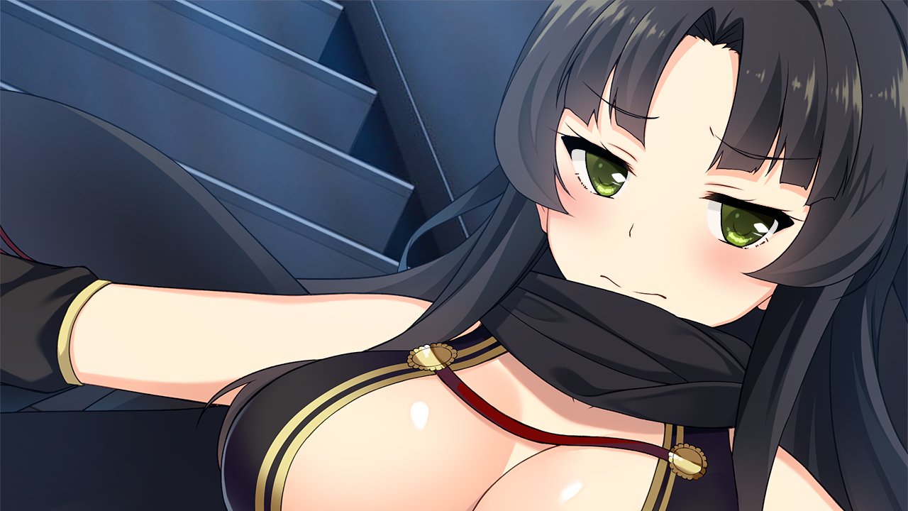 saion-ji enju, moe! ninja girls, commentary, english commentary, official art, 1girl, bare shoulders, black hair, blush, breasts, cleavage, closed mouth, darkness, detached sleeves, green eyes, indoors, large breasts, long hair, ninja, parted bangs, scarf, solo, stairs, upper body