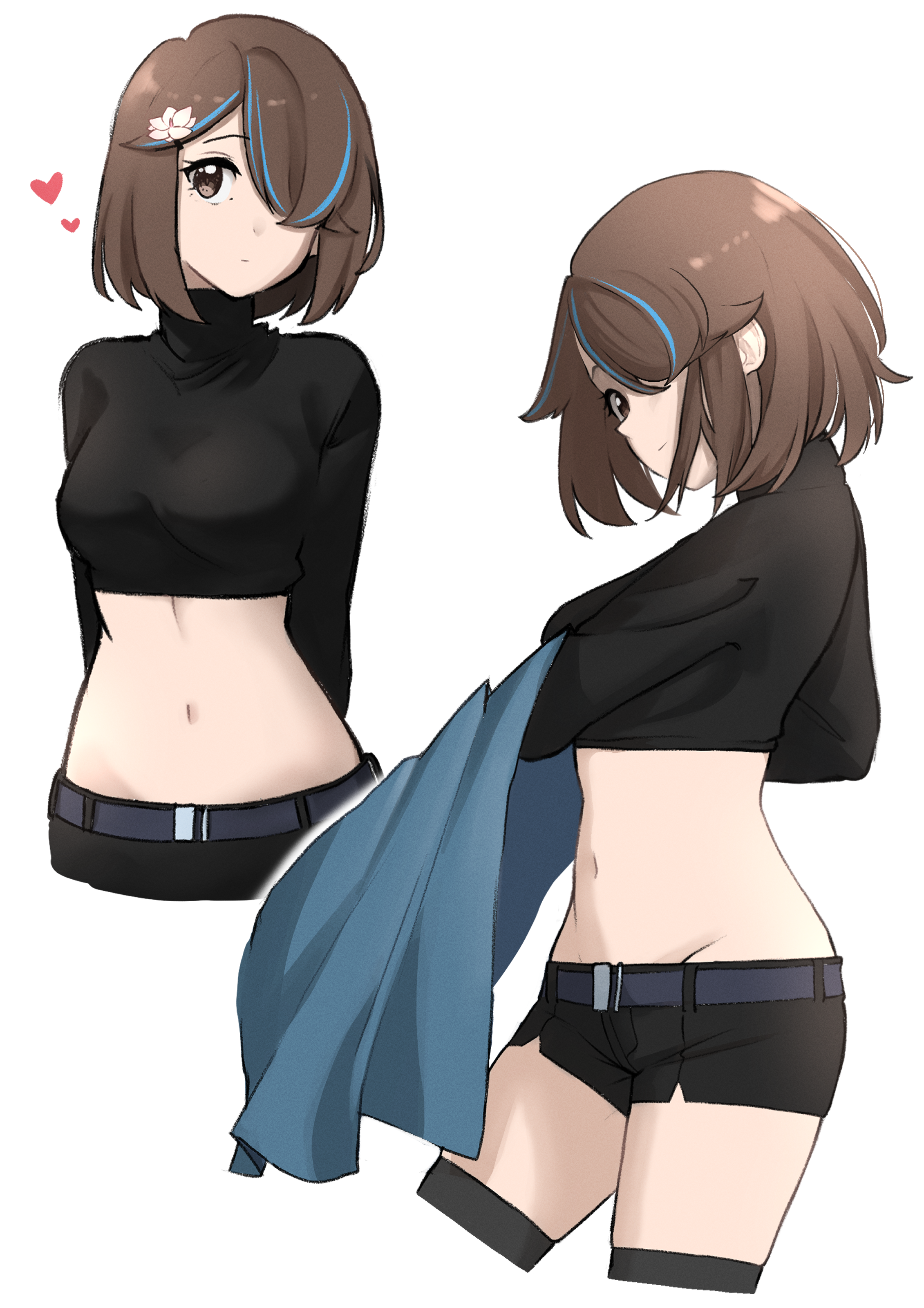 fav faris, original, absurdres, commentary, highres, 1girl, arms at sides, asymmetrical bangs, belt, black shoes, black sweater, breasts, brown eyes, brown hair, closed mouth, crop top, cropped legs, cropped sweater, expressionless, flower, grey belt, hair flower, hair ornament, hair over one eye, heart, large breasts, long bangs, long sleeves, looking at viewer, multicolored hair, multiple views, navel, one eye covered, shoes, short shorts, shorts, simple background, standing, stomach, streaked hair, sweater, turtleneck, turtleneck sweater, white background, white flower