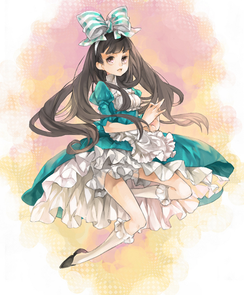 k ototo, alice (alice in wonderland), alice's adventures in wonderland, pixiv sample, resized, apron, brown hair, dress, frills, kneehighs, long hair, ribbon, shoes, socks