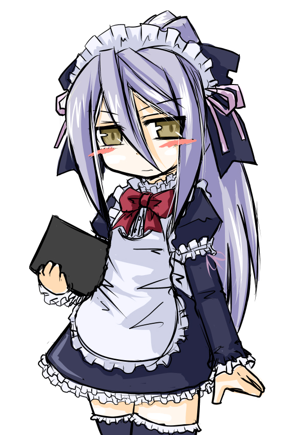asuka tsubasa, hichiyou tsubachi, sanpakuganmusume, felli loss, koukaku no regios, 1girl, blue hair, blush, female focus, long hair, maid, ponytail, solo, thighhighs, yellow eyes