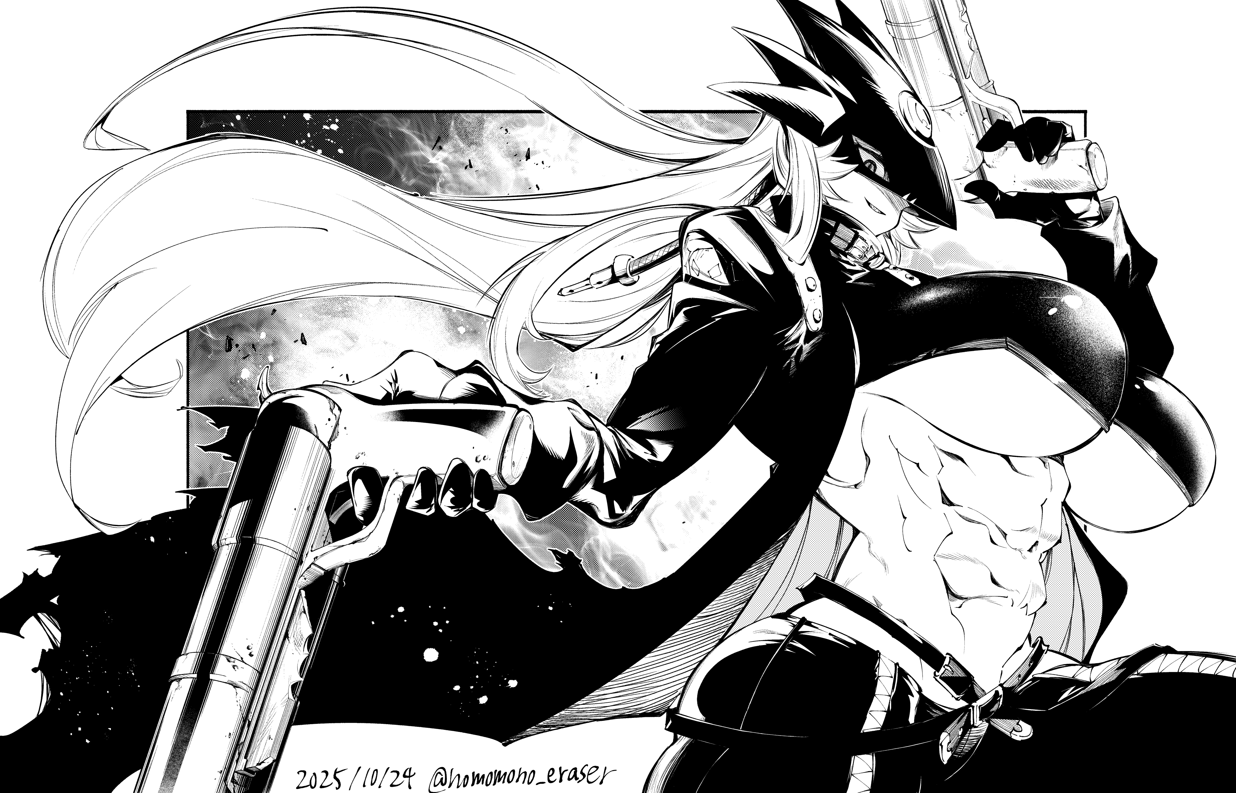 nomomono eraser, beelstarmon, digimon, absurdres, commentary request, highres, partial commentary, 1girl, abs, belt, black belt, black coat, black gloves, black pants, breasts, coat, cowboy shot, cropped shirt, cropped vest, dated, digimon (creature), dual wielding, eye mask, finger on trigger, floating hair, gloves, greyscale, gun, hand up, holding, holding gun, holding weapon, huge breasts, leather, leather pants, long hair, looking at viewer, mask, monochrome, muscular, muscular female, navel, open clothes, open coat, pants, parted lips, profile, sidelocks, smile, solo, standing, stomach, third eye, tight clothes, tight pants, twitter username, underboob, vest, weapon