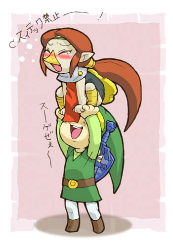 powudon, link, medli, toon link, nintendo, the legend of zelda, the legend of zelda: the wind waker, lowres, translated, 1boy, 1girl, beak, black eyes, blonde hair, blush, brown hair, gameplay mechanics, hat, long hair, master sword, open mouth, pointy ears, ponytail, red eyes, rito, shield, shield on back, sword, truth, upskirt, weapon