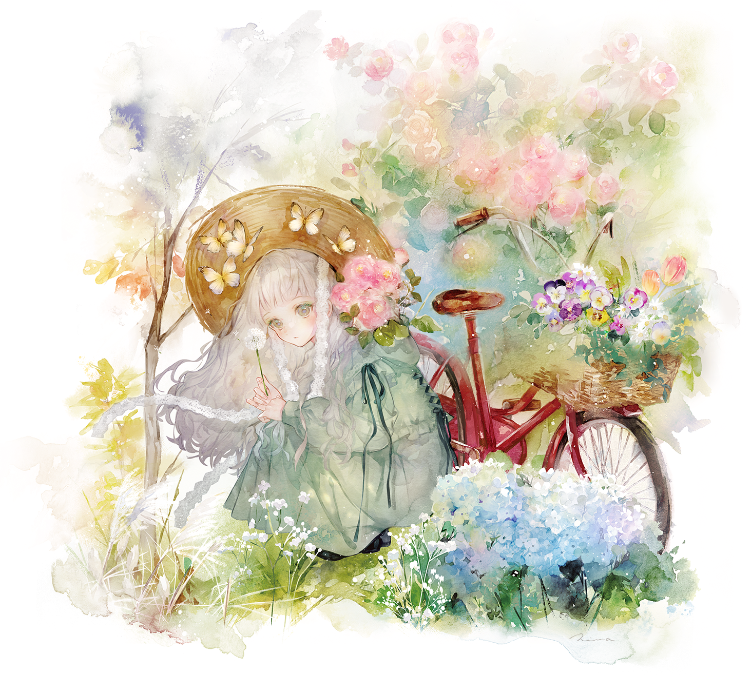 niwa haruki, original, commentary, english commentary, highres, 1girl, animal, bicycle, blue flower, border, bouquet, brown hat, bug, butterfly, closed mouth, dandelion, dandelion seed, dress, expressionless, flower, from side, full body, grey dress, grey eyes, grey hair, hat, holding, holding flower, insect, long hair, looking at viewer, looking to the side, outdoors, pink flower, purple flower, solo, squatting, tree, turning head, white border, white flower, yellow flower