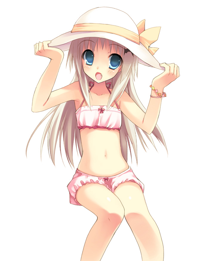 toranosuke, noumi kudryavka, little busters!, 1girl, :o, aqua eyes, bikini, bloomers, blue eyes, child, fang, female focus, hands on headwear, hat, knees together feet apart, navel, ribbon, simple background, sitting, solo, stomach, sun hat, swimsuit, underwear, white hair