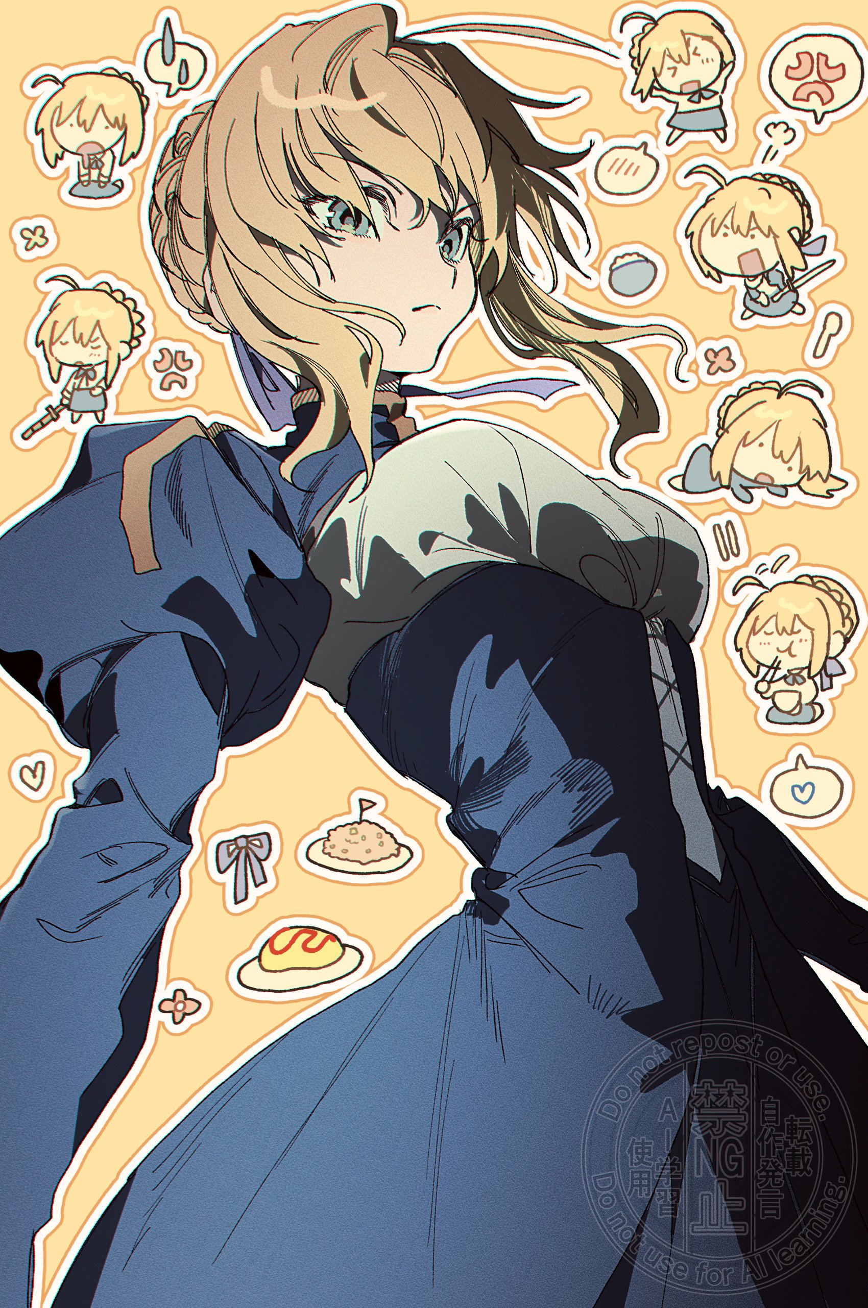 0304rong0304, artoria pendragon (fate), saber (fate), fate/stay night, fate (series), absurdres, commentary request, highres, korean commentary, > <, 1girl, ahoge, anger vein, blonde hair, blue dress, blue eyes, blue skirt, bowl, braid, breasts, chibi, chibi inset, chopsticks, dress, eating, food, frown, holding, holding chopsticks, holding sword, holding weapon, juliet sleeves, long dress, long sleeves, medium breasts, omelet, omurice, puff of air, puffy sleeves, rice bowl, seiza, sitting, skirt, spoken anger vein, sword, underbust, watermark, weapon
