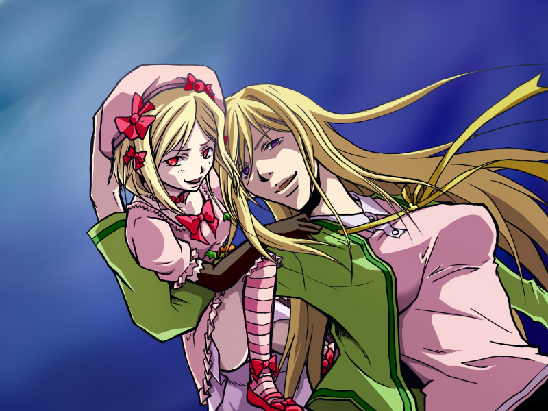 motoki aki, naoya (pixiv), lambdadelta, takano miyo, higurashi no naku koro ni, umineko no naku koro ni, 00s, 2girls, blonde hair, company connection, creator connection, crossover, hat, in-franchise crossover, multiple girls, pink hat, purple eyes, red eyes