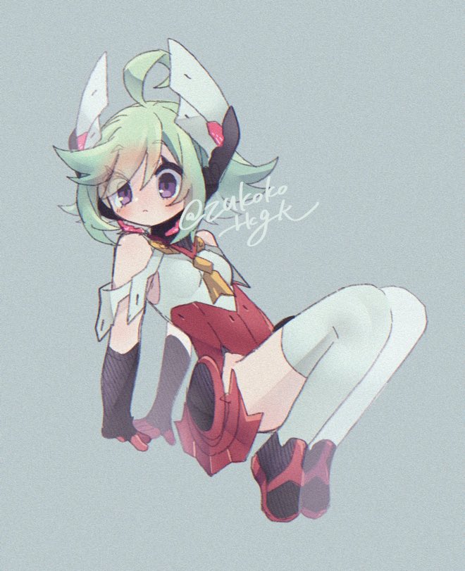 zukoko rkgk, roro (gunvolt), azure striker gunvolt, azure striker gunvolt 2, arms behind back, bare shoulders, breasts, full body, green hair, headgear, leotard, low wings, mechanical wings, purple eyes, short hair, signature, simple background, small breasts, thighhighs, white leotard, white thighhighs, wings