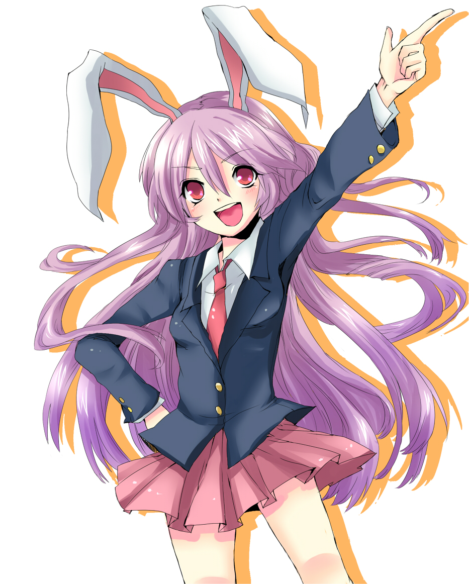 ayabe (karin96), karin96, raraoa (lalaoa), reisen udongein inaba, touhou, light purple hair, colorized, 1girl, animal ears, blazer, female focus, jacket, long hair, necktie, pleated skirt, purple hair, rabbit ears, red eyes, red necktie, skirt, solo