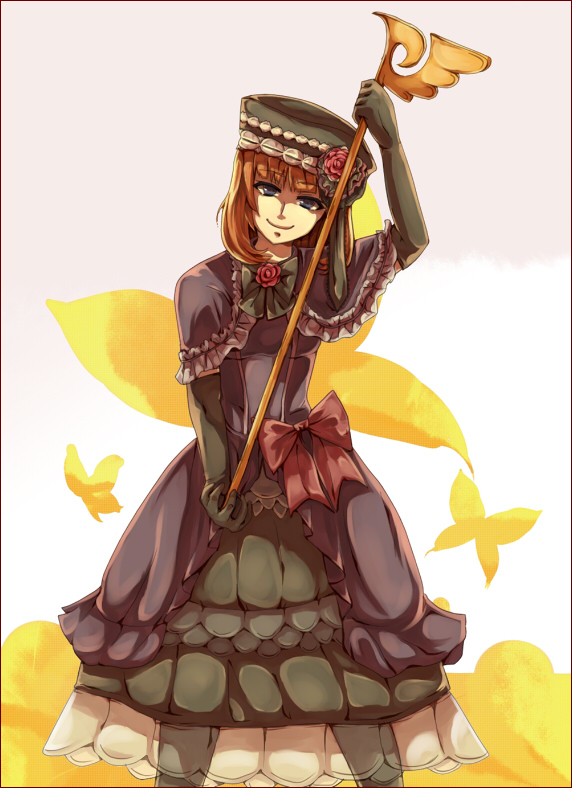 kamanatsu, km59, eva beatrice, umineko no naku koro ni, bad id, bad pixiv id, 00s, 1girl, bow, bug, butterfly, dress, female focus, hat, insect, orange hair, pink bow, solo, wand