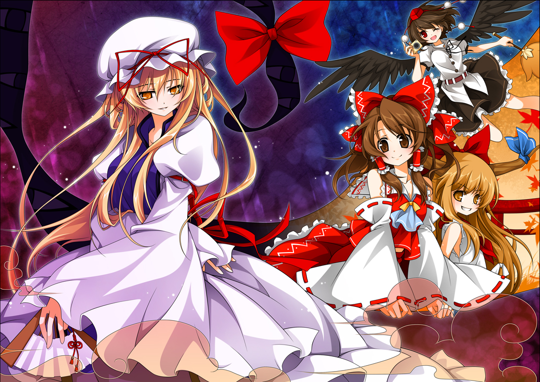 reina (black spider), hakurei reimu, ibuki suika, shameimaru aya, yakumo yukari, touhou, light brown hair, 4girls, arm support, autumn leaves, bare shoulders, black hair, black wings, blonde hair, bow, brown eyes, brown hair, camera, choker, detached sleeves, dress, dress shirt, female focus, flying, gap (touhou), grin, hair bow, hair ornament, hand fan, hat, horn ornament, horn ribbon, horns, japanese clothes, leaf, long hair, maple leaf, miko, multiple girls, one eye closed, open mouth, orange hair, pleated skirt, red eyes, ribbon, ribbon choker, shirt, short hair, sitting, skirt, sleeveless, sleeveless shirt, smile, tokin hat, torii, wings, wink, yellow eyes