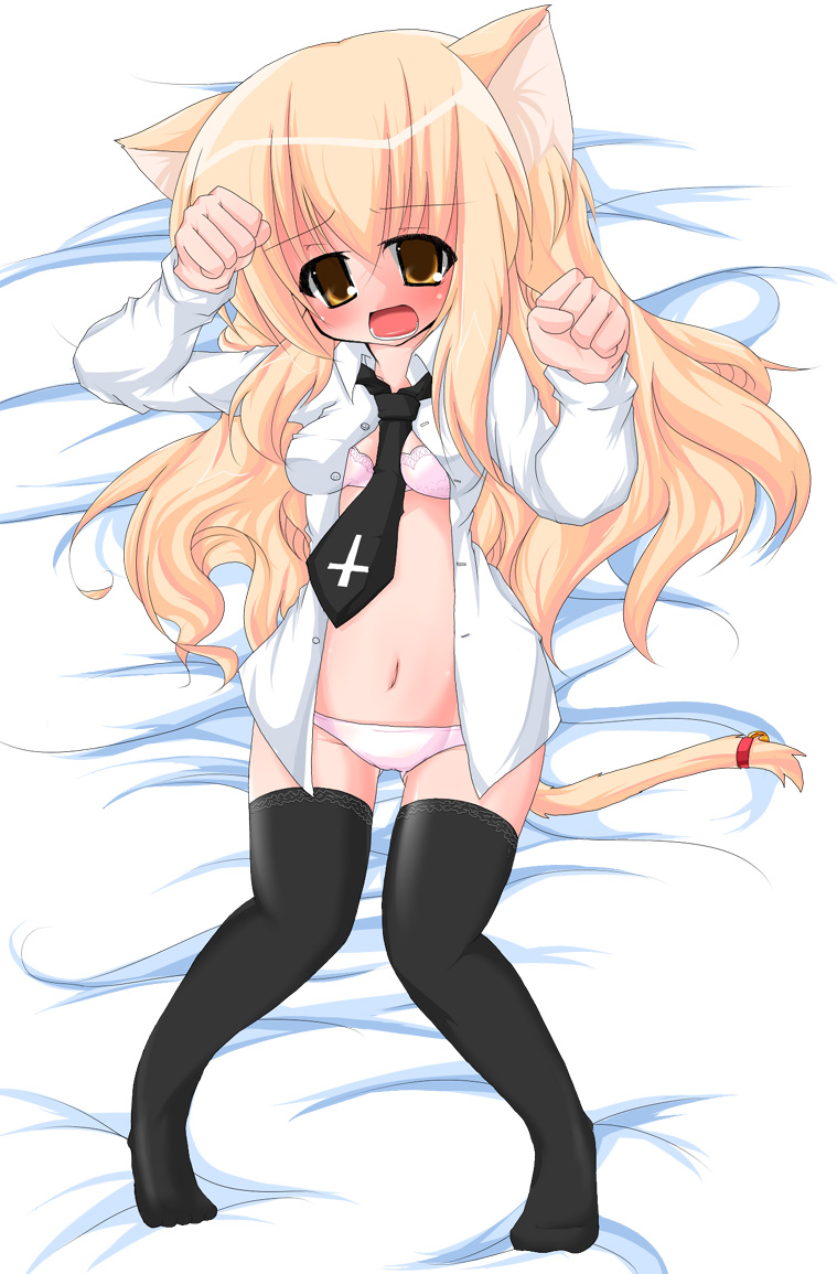 kanidiru, kanijiru, nyaa-san (kanijiru), original, bad id, bad pixiv id, 1girl, animal ears, blonde hair, blush, bra, female focus, lingerie, long hair, necktie, open clothes, open shirt, panties, shirt, solo, tail, thighhighs, underwear, yellow eyes