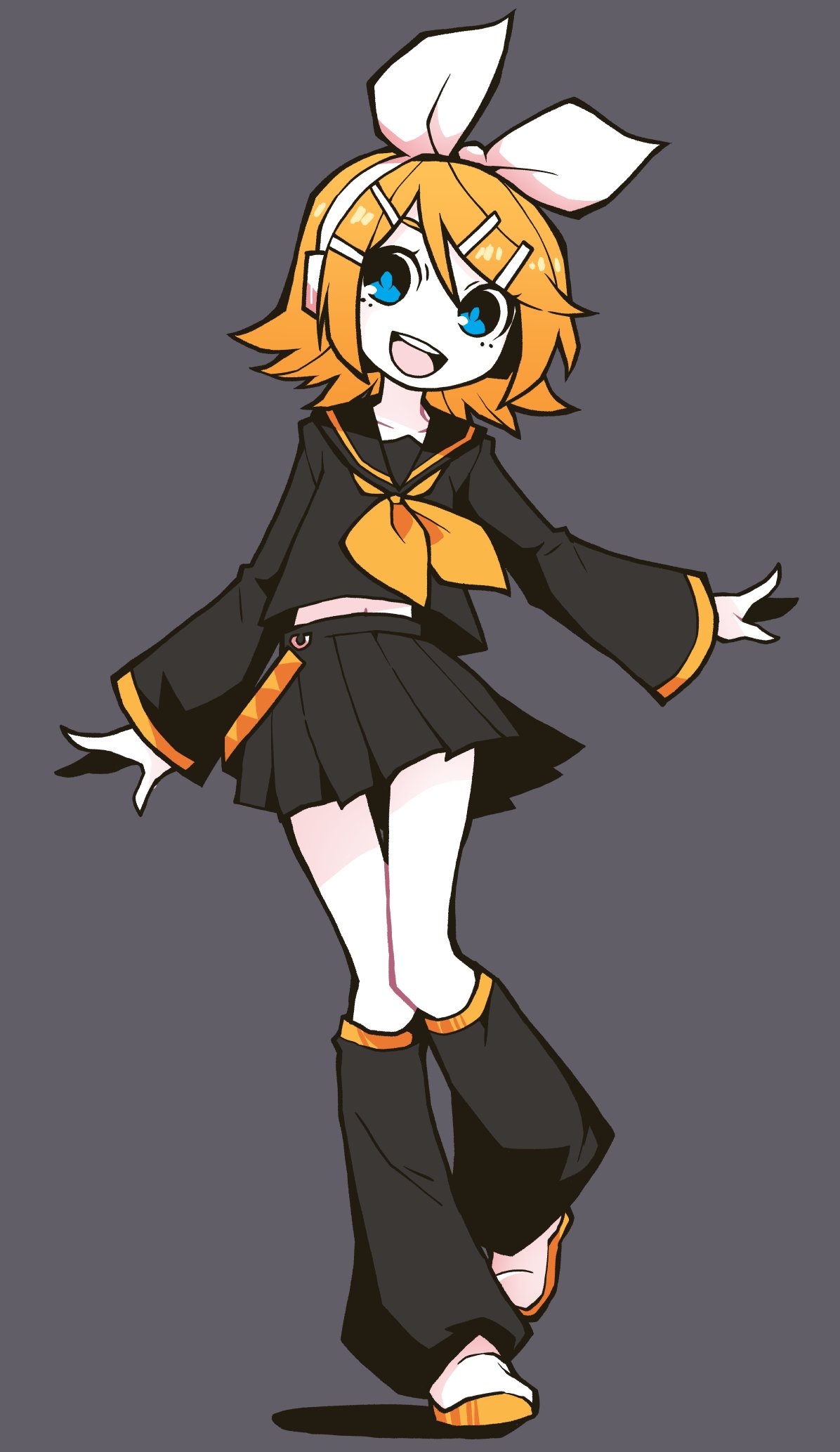 akableak, kagamine rin, vocaloid, commentary, highres, 1girl, :d, black sailor collar, black serafuku, black skirt, black socks, blonde hair, blue eyes, bob cut, bow, bright pupils, flipped hair, full body, grey background, hair bow, hair ornament, hair ribbon, hairband, hairclip, headphones, knees together feet apart, long sleeves, looking at viewer, loose socks, midriff, midriff peek, navel, neckerchief, open mouth, outstretched arms, parallel hairclips, pleated skirt, ribbon, romaji commentary, sailor collar, school uniform, serafuku, shadow, shoes, short hair, simple background, skirt, smile, socks, solo, swept bangs, teeth, upper teeth only, walking, white bow, white hairband, white ribbon, white shoes, yellow neckerchief, yellow trim