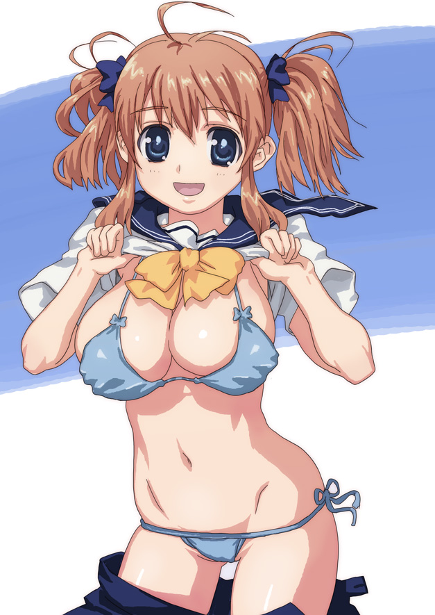 hirose (mokiki), original, 1girl, ahoge, bare shoulders, bikini, bikini under clothes, blue eyes, breasts, brown hair, cleavage, clothes lift, clothes pull, female focus, large breasts, navel, open clothes, open skirt, ribbon, savel, school uniform, serafuku, shirt lift, side-tie bikini bottom, skirt, skirt pull, solo, string bikini, swimsuit, swimsuit under clothes, twintails