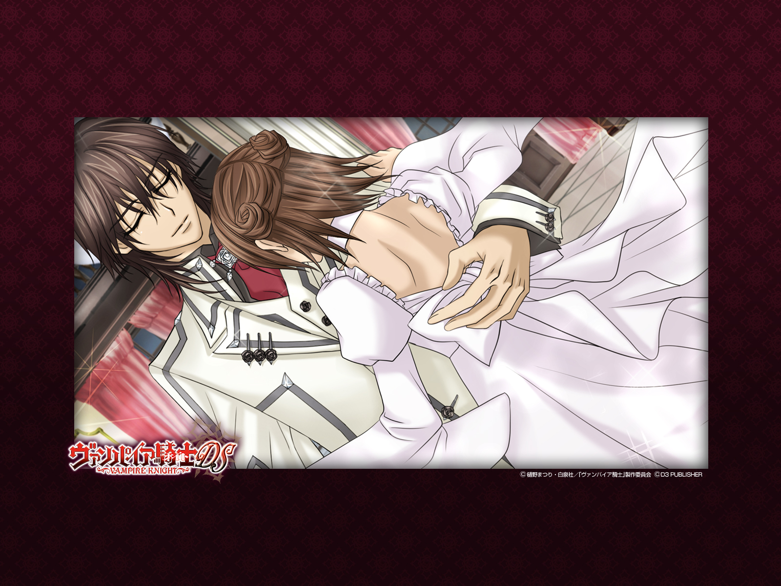 hino matsuri, cross yuki, kuran kaname, kurosu yuuki, vampire knight, game cg, highres, 00s, 1boy, 1girl, back, blazer, border, brown hair, choker, closed eyes, couple, dancing, dress, dutch angle, formal clothes, hetero, hug, jacket, necktie, short hair, suit