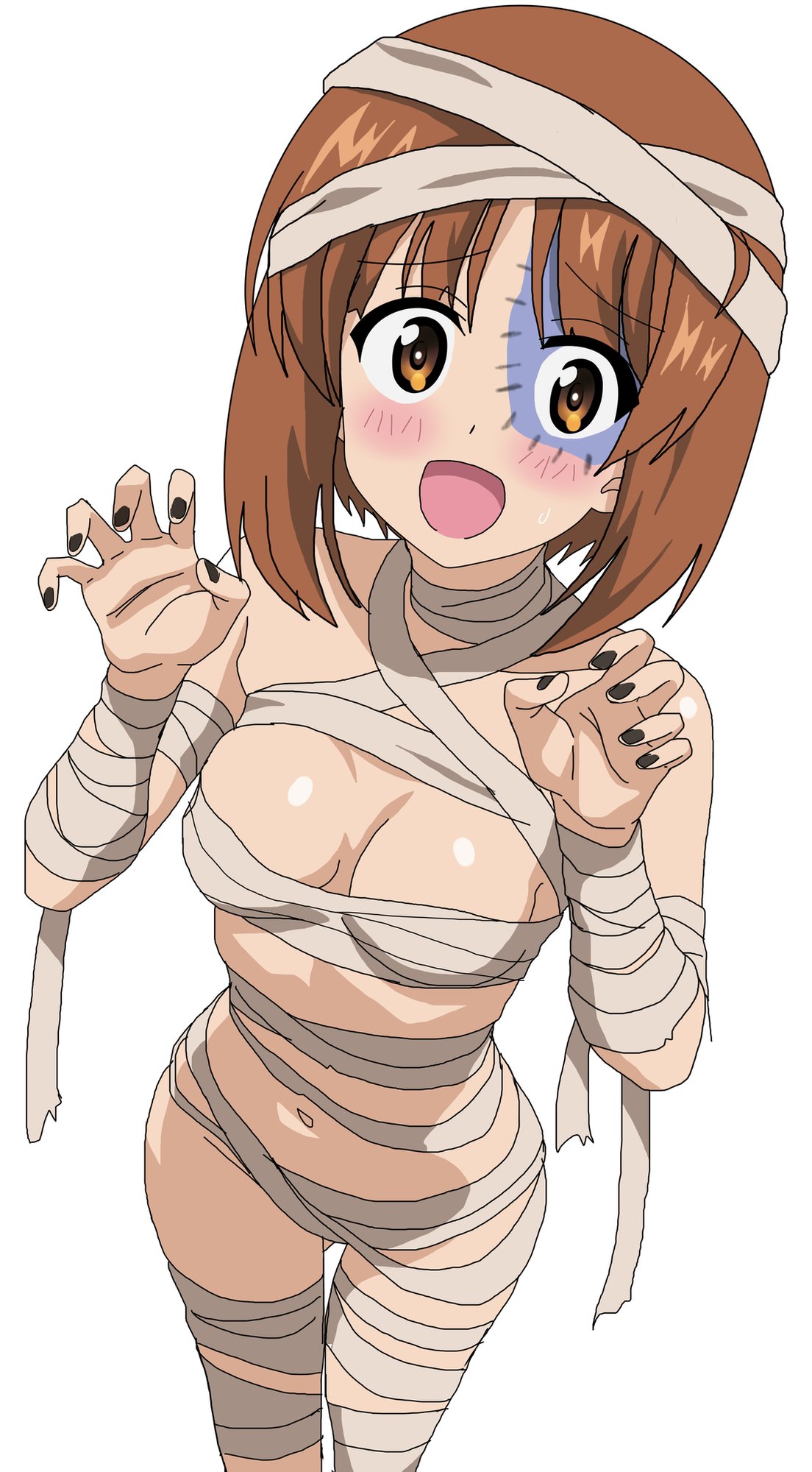 riokasen, nishizumi miho, girls und panzer, highres, 1girl, breasts, brown eyes, brown hair, claw pose, feet out of frame, halloween costume, happy, looking at viewer, medium breasts, mummy costume, nail polish, navel, short hair, simple background, solo, standing, white background