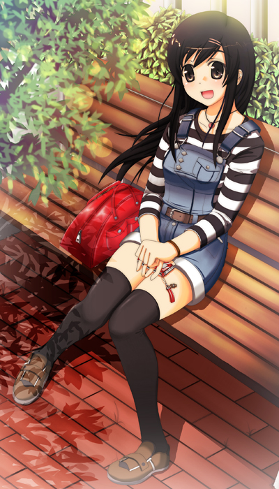 futaba (artist), futaba channel, original, striped, bad id, bad pixiv id, 1girl, bag, bench, black hair, brown eyes, cellphone, female focus, handbag, overalls, phone, shoes, solo, thighhighs, tree