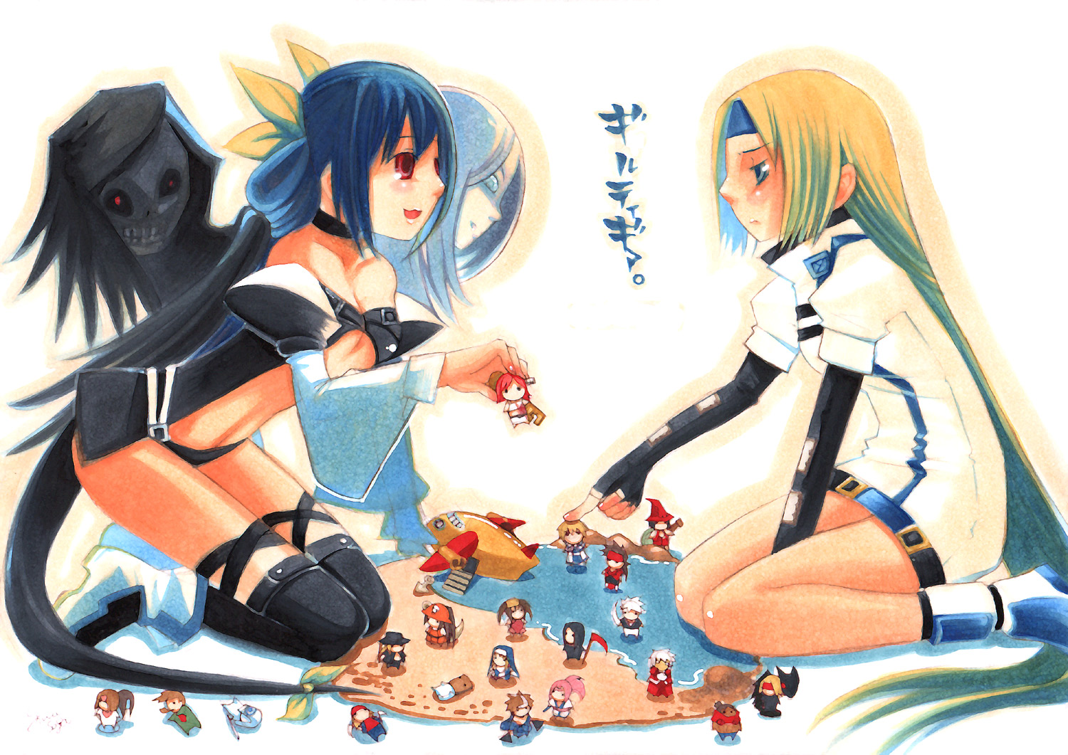 soga shiina, sogashiina, a.b.a, axl low, baiken, bridget (guilty gear), chipp zanuff, dizzy (guilty gear), eddie (guilty gear), faust (guilty gear), johnny (guilty gear), kuradoberi jam, ky kiske, may (guilty gear), millia rage, mito anji, necro (guilty gear), order-sol, order sol, potemkin (guilty gear), robo-ky, slayer (guilty gear), sol badguy, testament (guilty gear), undine (guilty gear), venom (guilty gear), zappa, zato-1, arc system works, guilty gear, guilty gear x, guilty gear xx, colored pencil (medium), marker (medium), traditional media, 2girls, absolutely everyone, asymmetrical wings, blonde hair, blue eyes, blue hair, bow, character doll, chibi, doll, elbow gloves, everyone, figure, fingerless gloves, gloves, hair bow, headband, kneeling, long hair, midriff, multiple girls, red eyes, ribbon, sitting, tail, tail ornament, tail ribbon, thighhighs, very long hair, wings